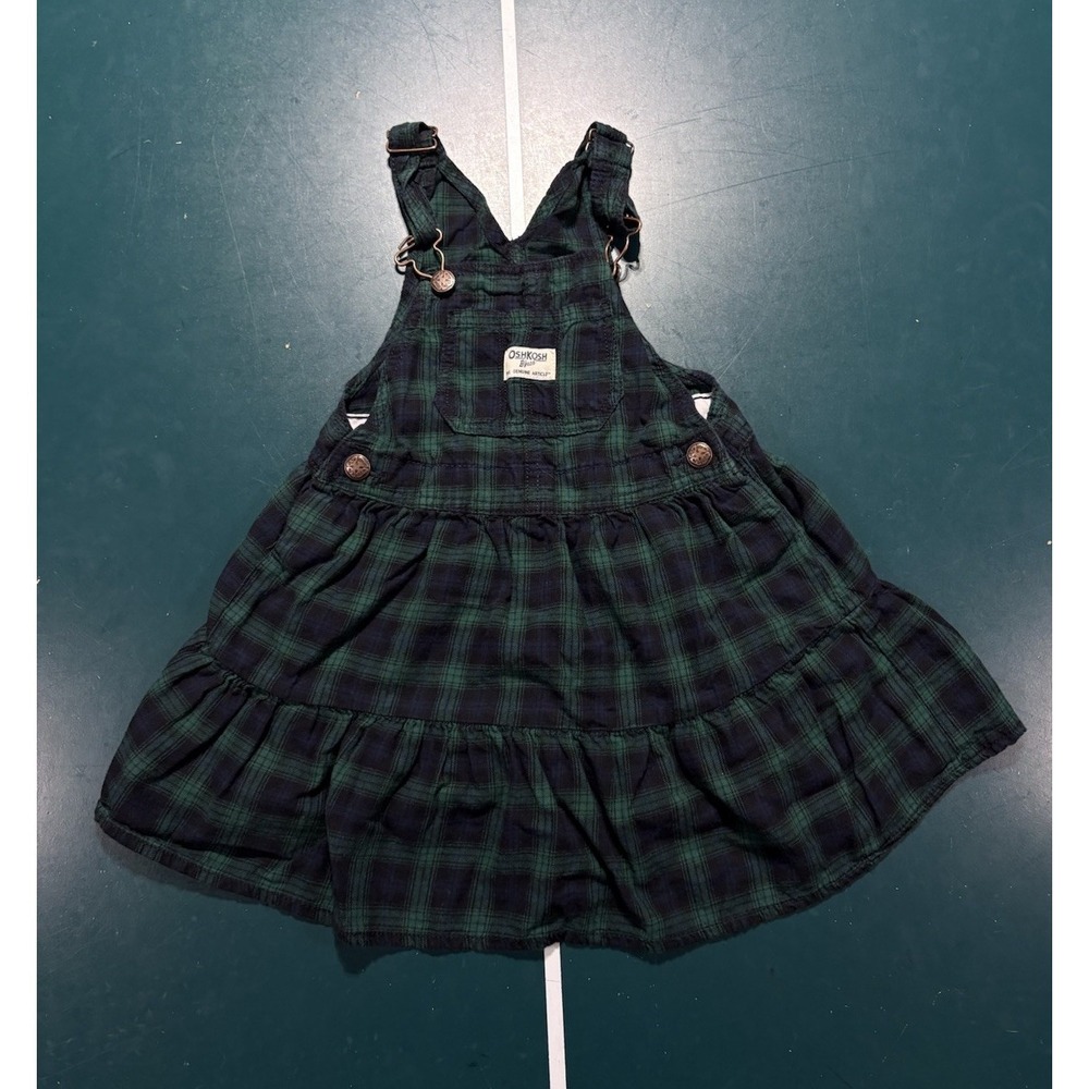 Oshkosh B'gosh Girls Tartan Plaid Overall Dress Size 4T Ruffle‎ Green Blue